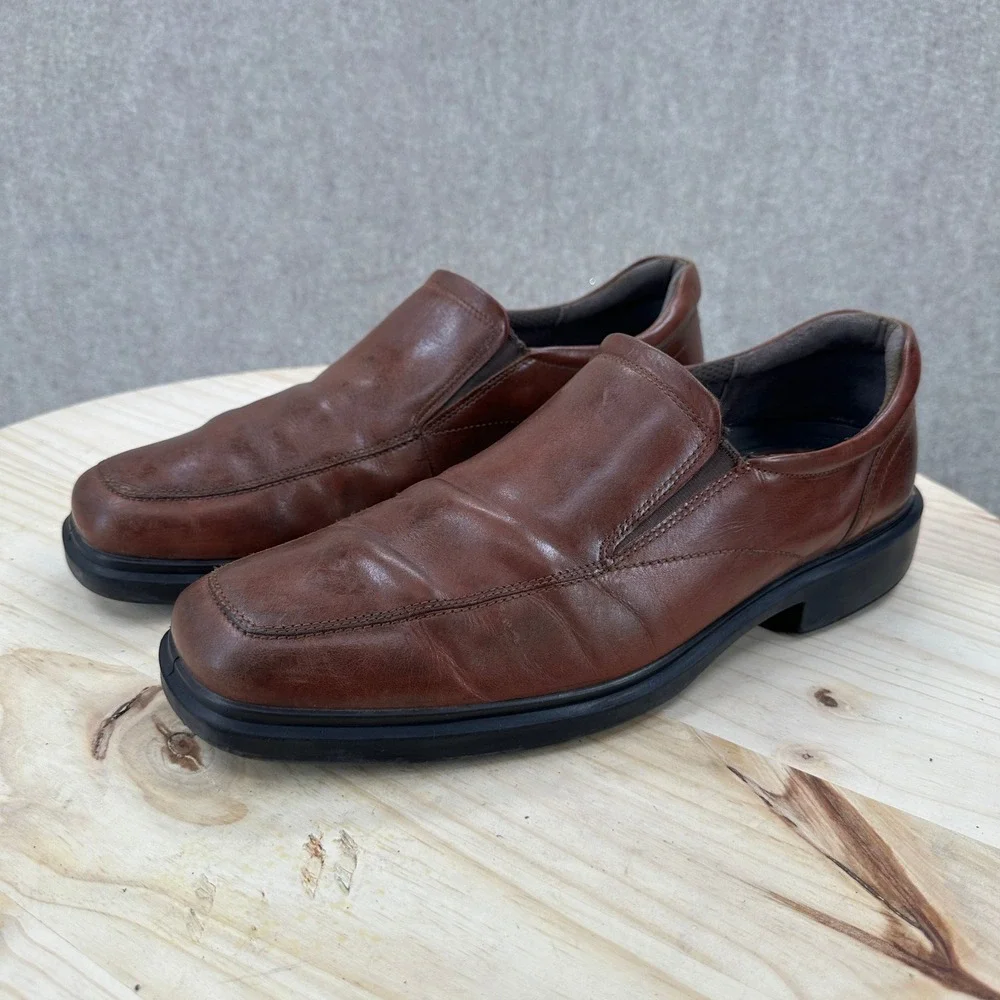 ECCO Loafers Mens 13-13.5 Brown Leather Slip On Bicycle Toe Dress Shoes